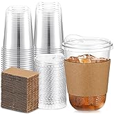 Acellegic 50 Sets 16 oz Clear Plastic Coffee Cups with Lids and Sleeves, Disposable Coffee Cups for Iced Cold Beverage, Drink Shops, Party Catering and Travel