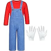 Mavoka Plumber Costume for Kids Shirt Overalls Glove Boys Halloween Party Cosplay 3-12 Years