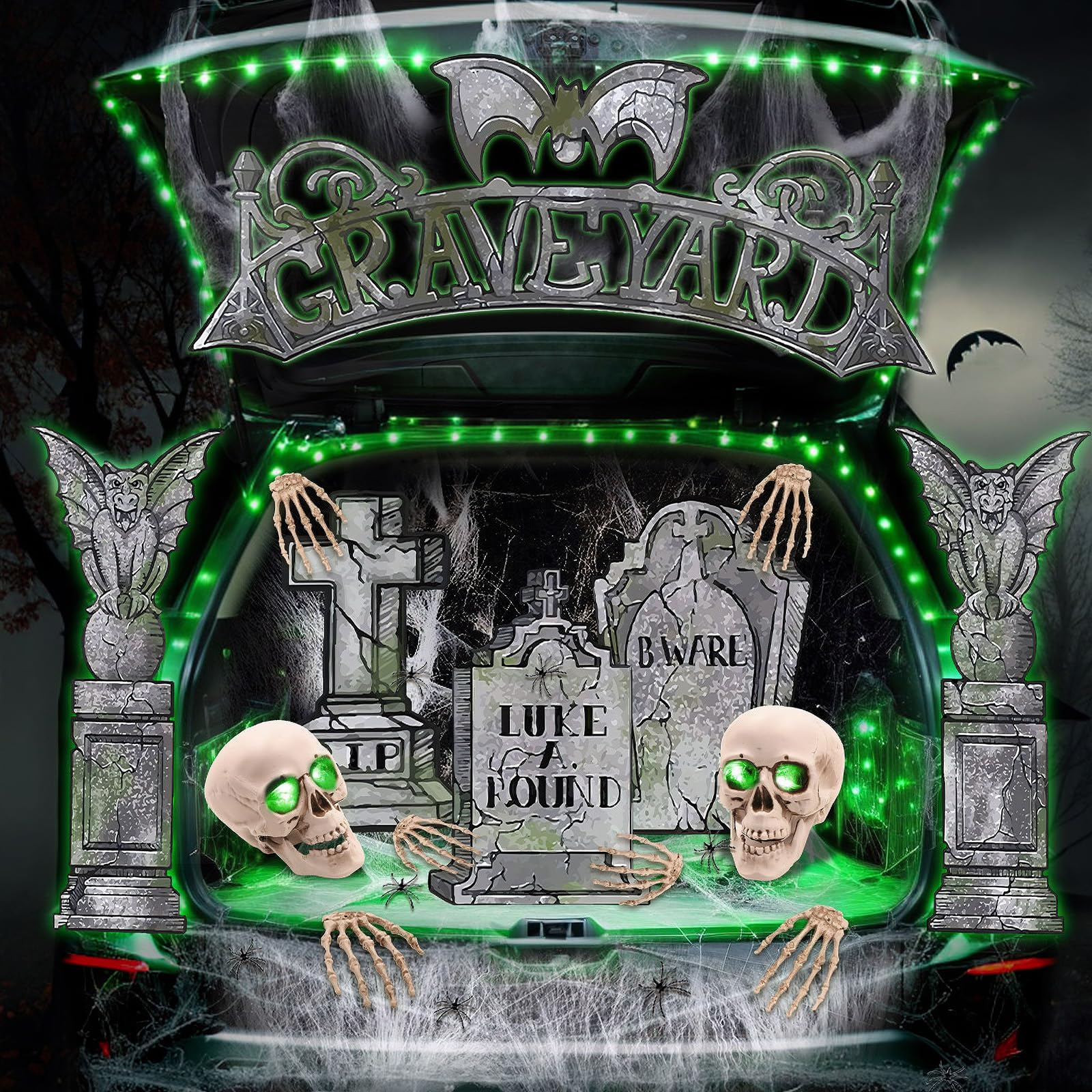 Photo 1 of Halloween Trunk or Treat Car Decoration Kit, Tombstone Trunk or Treat Decorations for SUV with LED Lights, Halloween Archway Garage Decorations Outdoor for Car Garage Door Entryway