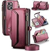 Strapurs Wallet Case Compatible with iPhone 14 Plus RFID Blocking 10-Card Holder Soft PU Leather Magnetic Snap Shoulder Strap Zipper Pocket Phone Case Fit for iPhone 14 Plus 6.7" - Wine Red