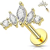 Melighting 14K Solid Gold Threadless Curved Flat Back Earring - Titanium Push-in Helix Cartilage Earring for Women 16G