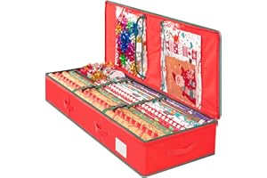 Criusia Christmas Gift Wrapping Paper Organizer Storage, Durable Underbed Storage Container Fits 24 Rolls, with Removable Dividers and Pockets for Ribbon, Ornaments, Holiday Accessories, Red