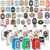 Baderke 12 Pcs Halloween Glass Potion Bottles with Stickers, Square | 4 oz Mini Glass Jars with Cork Stopper, Clear Decorative Glass Bottles for DIY Crafts Witch Displays, Halloween Party Favors