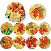 Demonwer 8 Pieces Vintage Fall Maple Leaves Diamond Art Coasters with Holder DIY Fall Maple Leaves Diamond Art Coasters Acrylic Round Cup Coaster for Adults