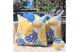 Set of 2 Dahlia Throw Pillow Covers 18x18 Inches Outdoor Waterproof Throw Pillow Cases Yellow and Blue Decorative Cushion Cov