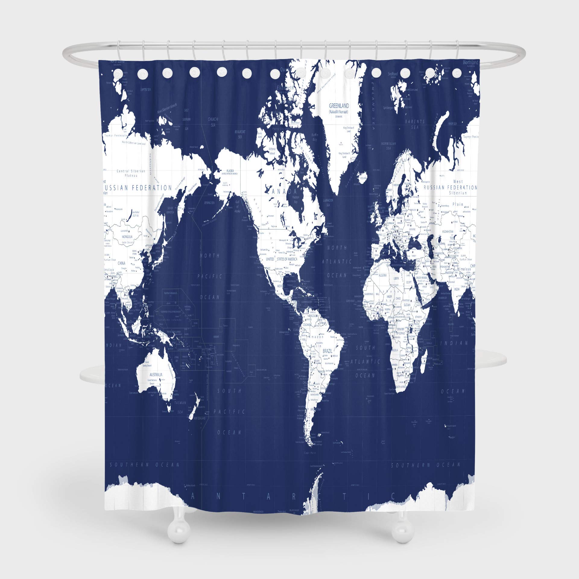 VAKADONavy Blue White World Map Shower Curtain Set Ocean Nautical Geography with Detailed Major Cities Pattern Design Decorative Waterproof Polyester Fabric Bathroom Decor 72”x72” with Hooks …