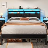 Furnulem Queen Bed Frame with Charging Station and LED Lights, Black Oak | Metal Platform Bed with Headboard, 2 Fabric Drawers, 3-Tier Storage Shelves, Metal Slats, No Box Spring Needed, Easy Assembly