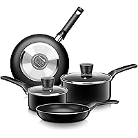 SereneLife Kitchenware Pots & Pans Basic Kitchen Cookware, Black Non-Stick Coating Inside, Heat Resistant Lacquer (6…