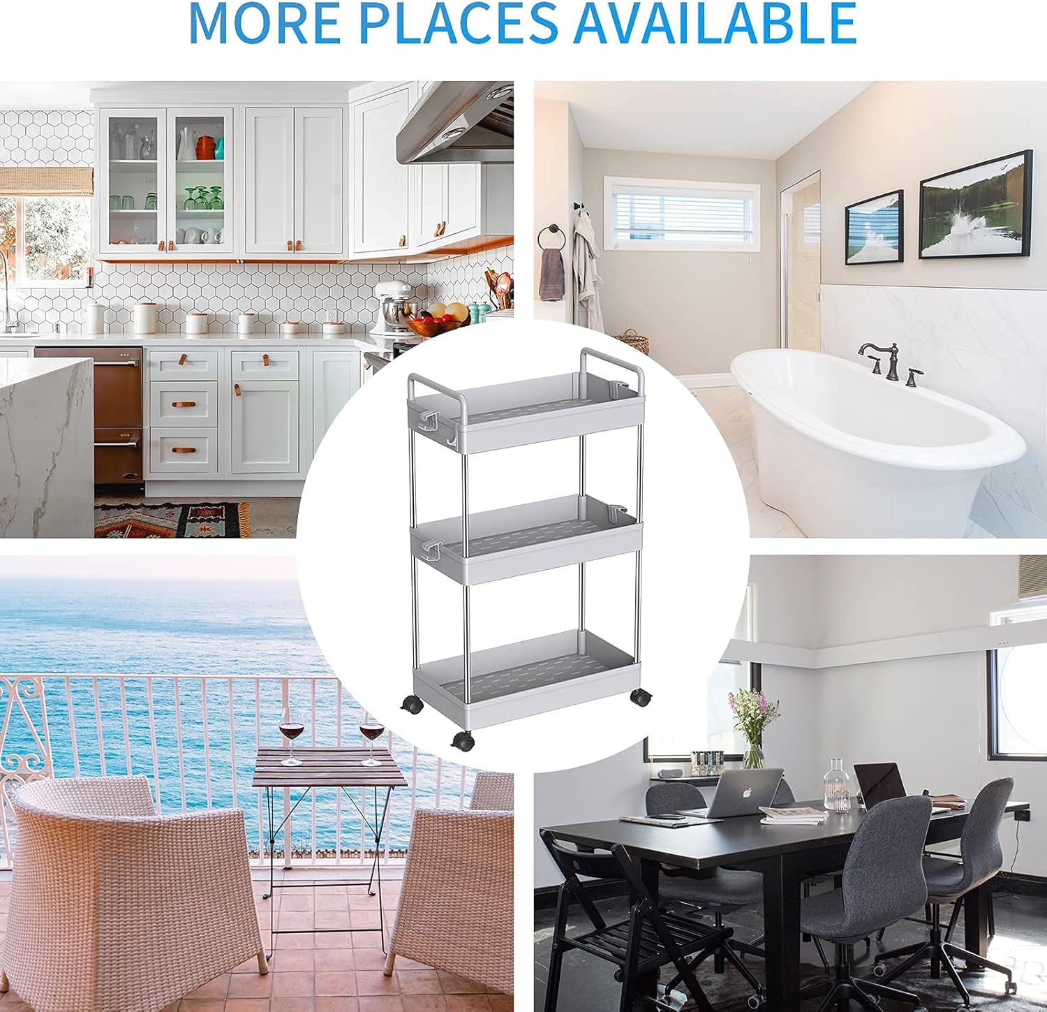 SOLEJAZZ Rolling Storage Cart 3-Tier Mobile Shelving Unit Bathroom Carts with Handle for Kitchen Bathroom Laundry Room, Gray: Kitchen & Dining
