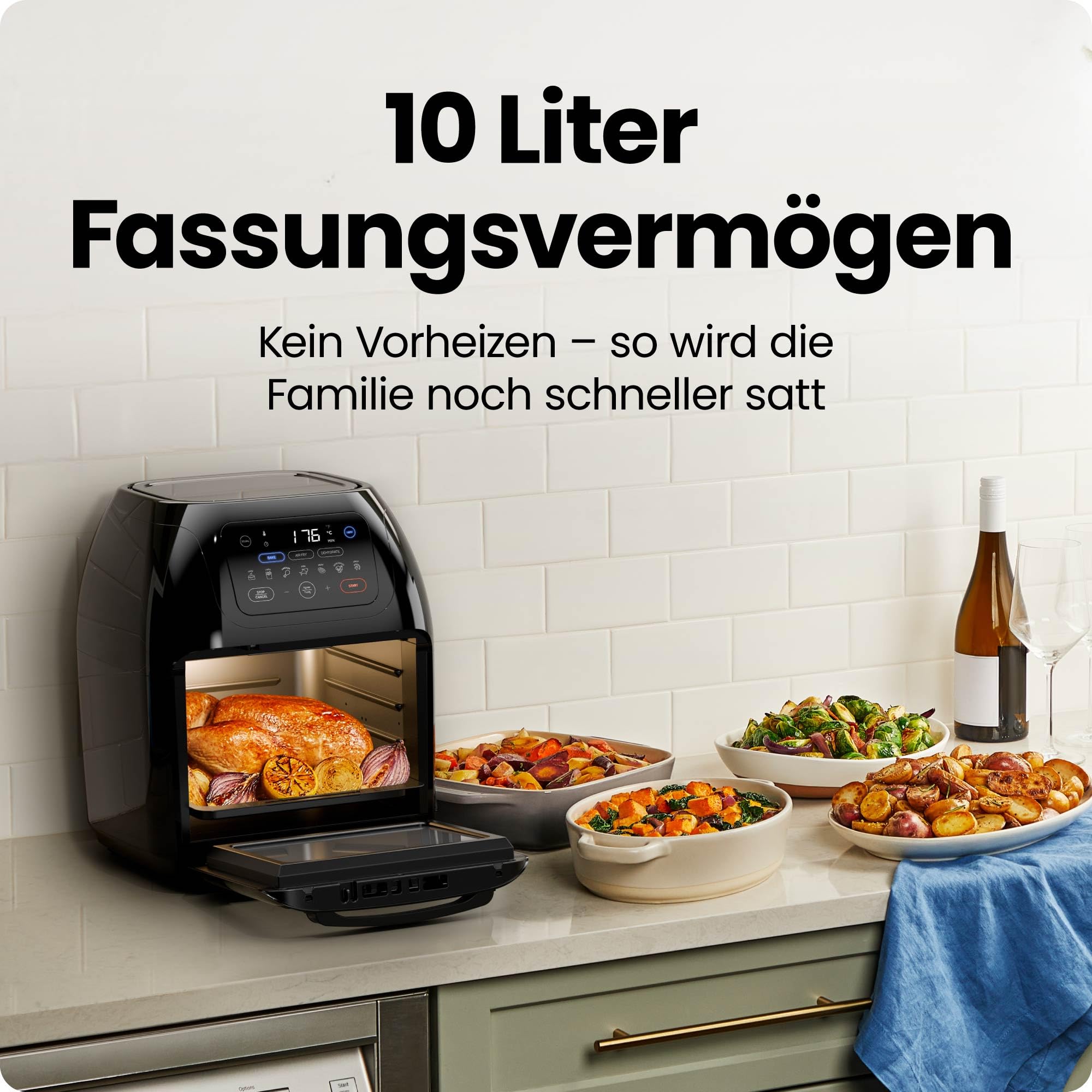 Chefman Multifunktionale Digitale Heißluftfritteuse + Rotisserie, Dörrautomat, Konvektion, 17 Touchscreen-Voreinstellungen, XL 10L Familiengröße, Automatische Abschaltung, Großes Sichtfenster, Schwarz 4