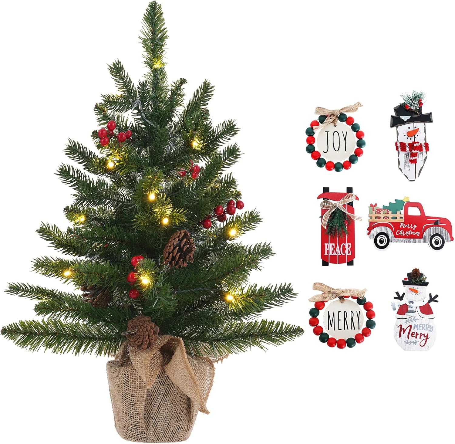 Trees - 24 Inch 2FT Pre-lit Mini Christmas Tree, DEWBIN Small Christmas Tree with 20 LED Lights Hanging Ornaments & Cloth Bag Base, Xmas Decorations for Fireplace, Tabletop, Home Decor Indoor