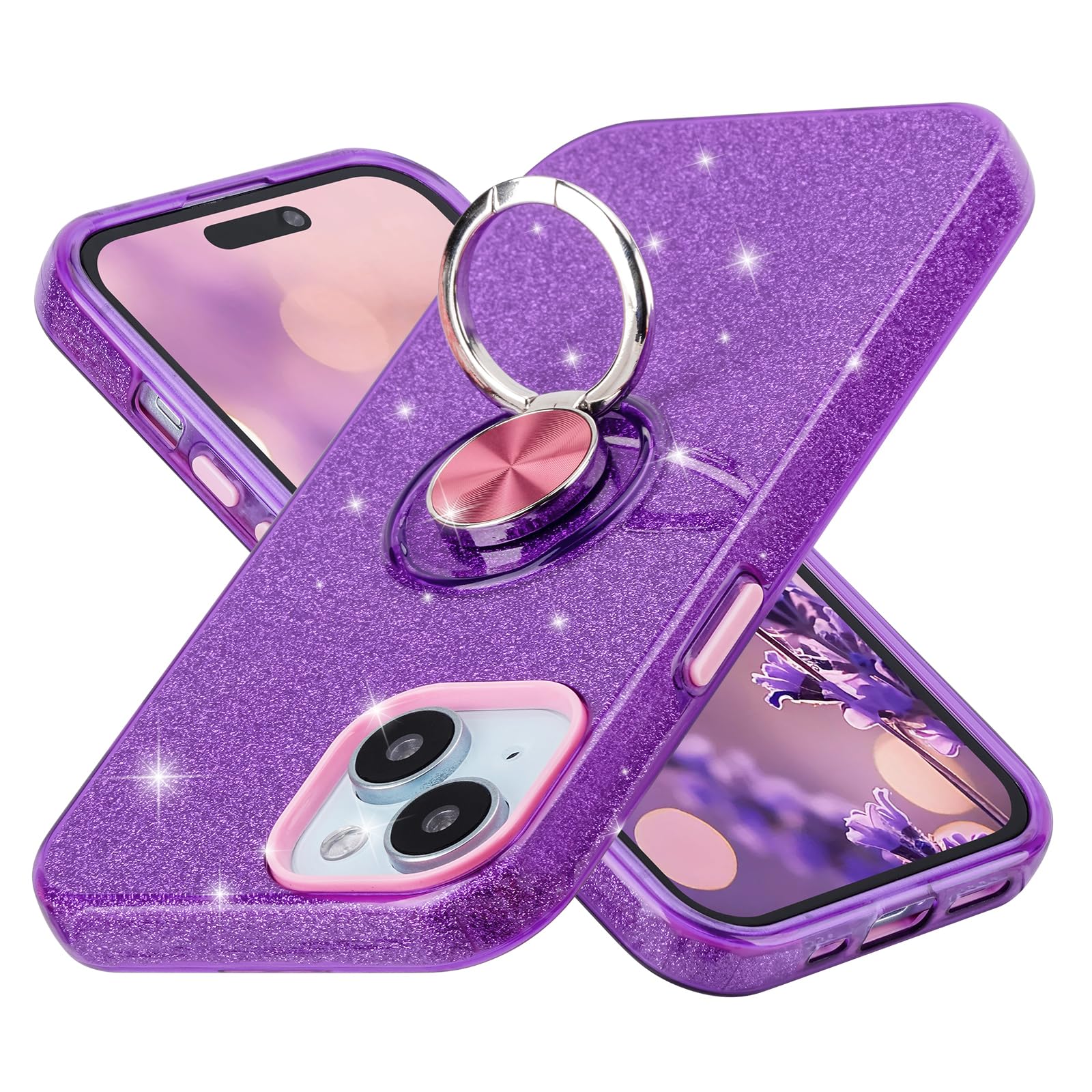 wisdompro Glitter Case for iPhone 15 Plus/14 Plus (6.7 Inch), Bling Sparkle Case with 360° Ring Kickstand for Girls Women, Cute Sparkly Protective Phone Cover - Purple