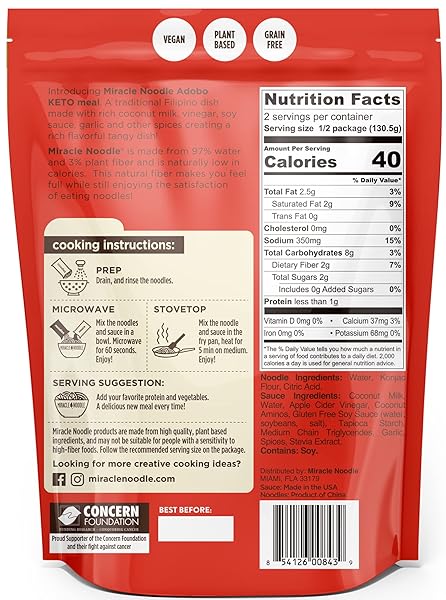 MIRACLE NOODLE READY TO EAT ADOBO PASTA, 9.2 OZ (PACK OF 6), PLANT BASED SHIRATAKI KONJAC NOODLES, 40 CALORIES, 6G NET CARBS PER SERVING, KETO, GLUTEN-FREE