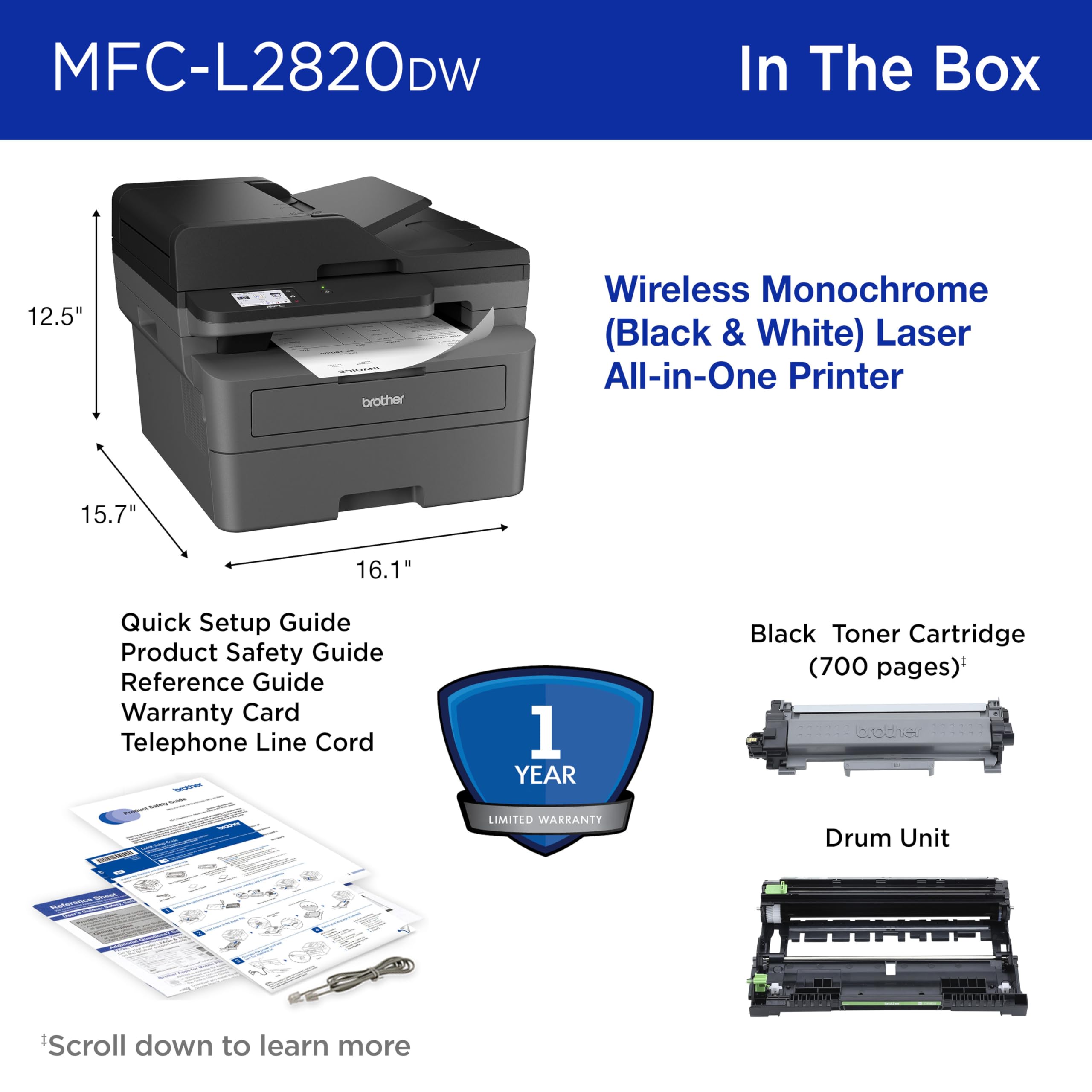 Brother MFC-L2820DW Wireless Compact Monochrome All-in-One Laser Printer with Copy, Scan and Fax, Duplex, Black & White | Includes Refresh Subscription Trial(1), Works with Alexa