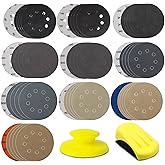 50pcs Sandpaper 8 Hole 5 inch Sanding Discs Hook and Loop 60/180/240/400/800/1200/2500/4000/7000/10000 Grits with Hand Sander for Automotive Metal Polishin