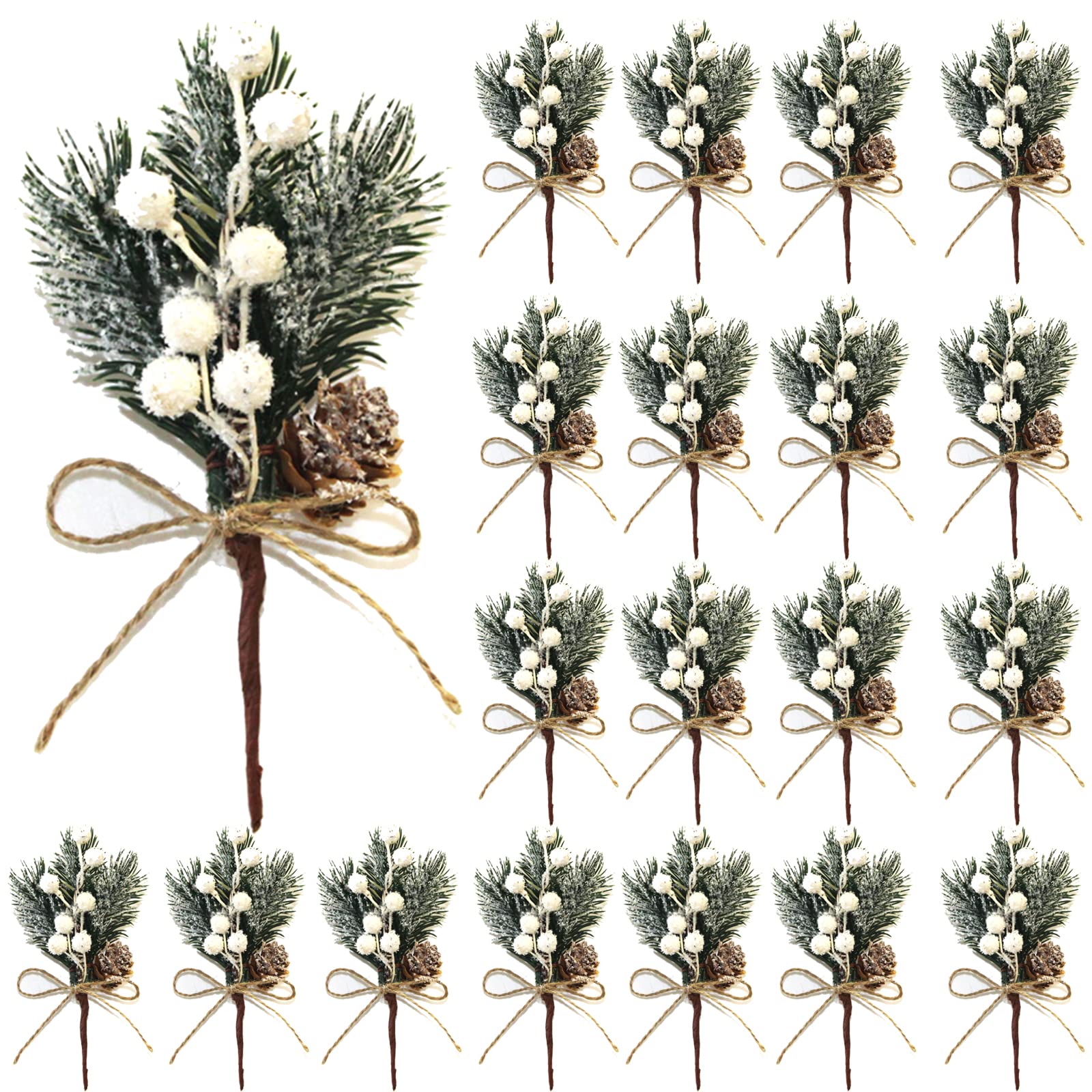 HanOBC 20 Pcs White Berry Stems 15 cm Artificial Pine Picks Branches Christmas Floral Picks and Sprays Holiday Winter Floral Picks for Garland Wreath Xmas Decor