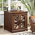 Joaxswe Farmhouse End Table with Charging Station, 24" Large Sofa Side Table with Glass Barn Door, Nightstand with Adjustable Storage Shelf,Wood Square Bedside Table for Living Room,Bedroom