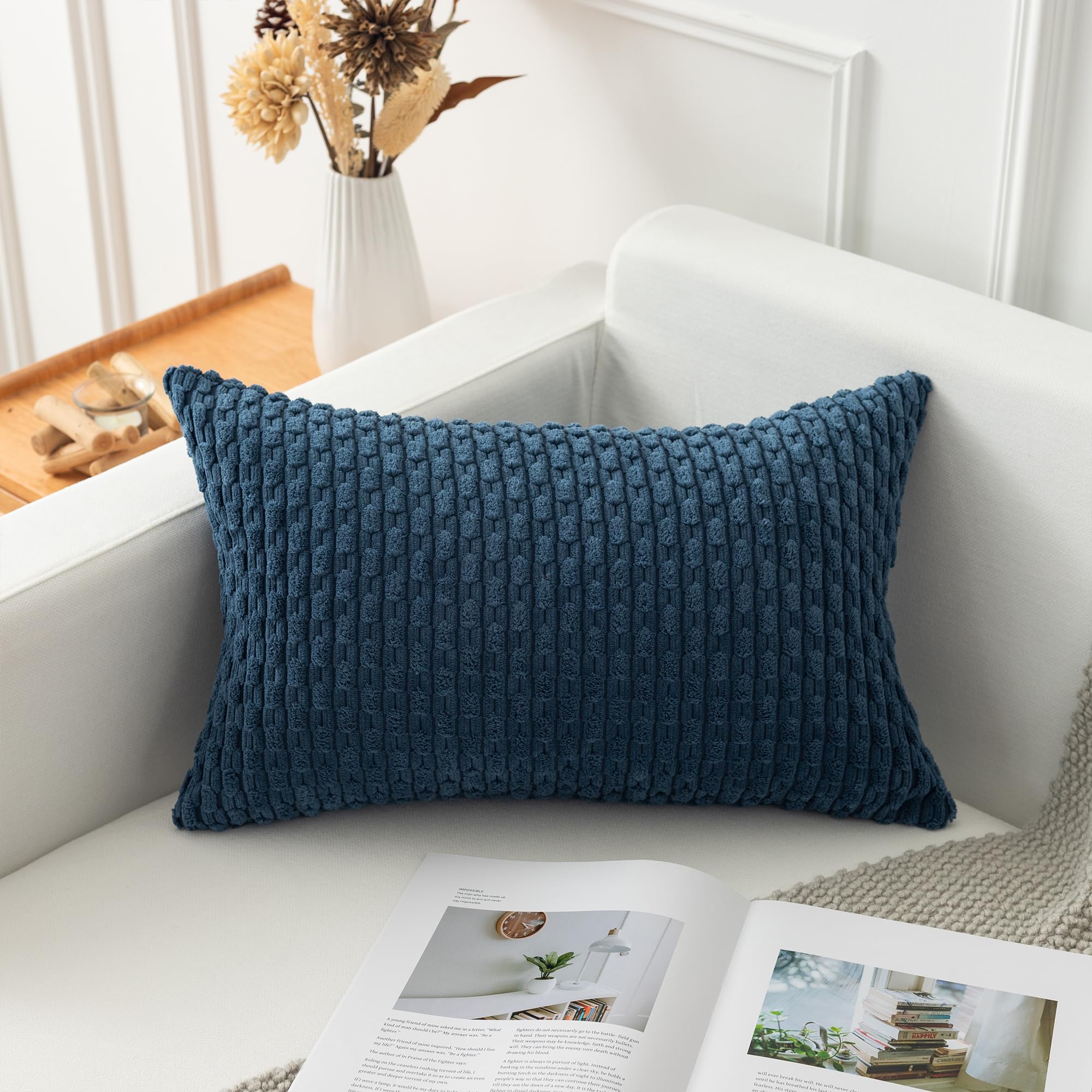 Photo 1 of Kevin Textile 14x24 Inch Pillow Cover 1 Pack Boho Decorative Soft Striped Corduroy Lumbar Farmhouse Solid Color Accent Rectangle Cushion Case for Living Room Couch Sofa Bed, Blue