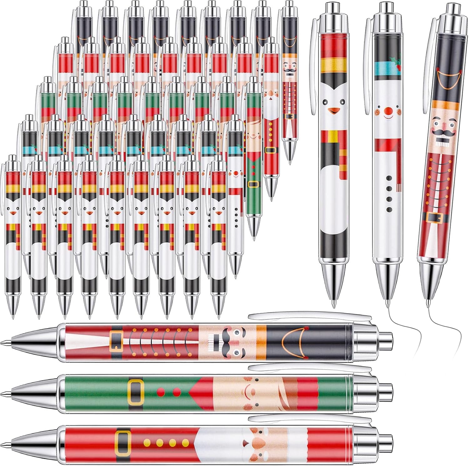 KAHEIGN 45Pcs Christmas Gel Ink Pens, 5 Styles Retractable Ballpoint Pen 14CM Santa Claus Elves Snowmen Nutcrackers Penguins Rollerball Pens for Xmas Stocking Fillers Party Favors