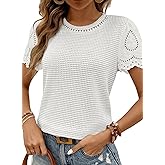 SHEWIN Womens Frenchy Summer Tops Crewneck Short Sleeve T Shirts Casual Waffle Knit Jacquard Blouses Top Shirts