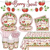 123PCS Strawberry Party Decorations Strawberry Theme Birthday Party Supply Berry Sweet Baby Shower Decorations Fruit Themed Decor Berry First Birthday Tableware Set - Plates Tablecloth Cups Serves 20