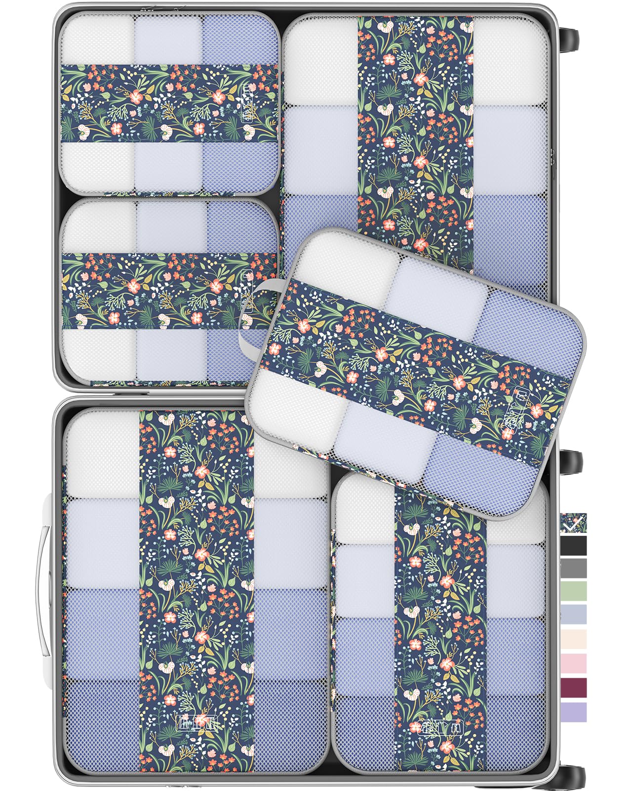 Photo 1 of 6 Set Compression Packing Cubes for Travel Essentials,Compressible Expandable Packing Cubes for Suitcase,OlarHike Luggage Organizer Bags for Travel(Dark Blue Floral)