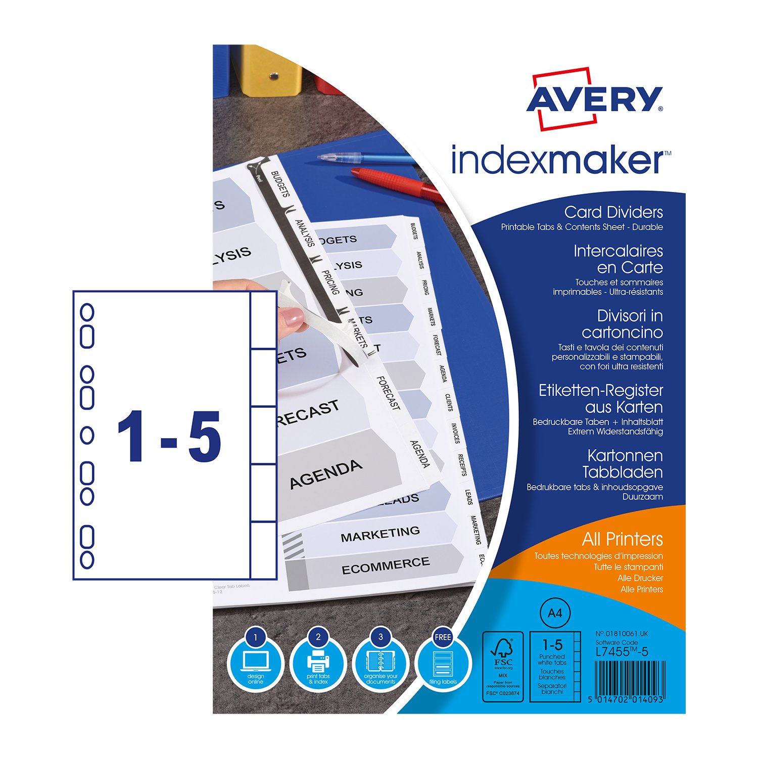 AVERY01810061 A4 IndexMaker Punched Card Dividers with Printable Tabs, 5 Part Dividers - WhiteThe Forest Stewardship Council