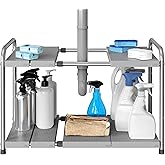 Simple Houseware Under Sink 2-Tier Heavy Duty Expandable Rack Organizer, Adjustable Width 15.75–25 Inches with 4 Shelf Height Levels, Silver