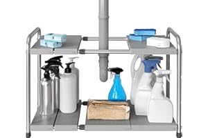 Simple Houseware Under Sink 2-Tier Heavy Duty Expandable Rack Organizer, Adjustable Width 40 to 63.5 cm with 4 Shelf Height L