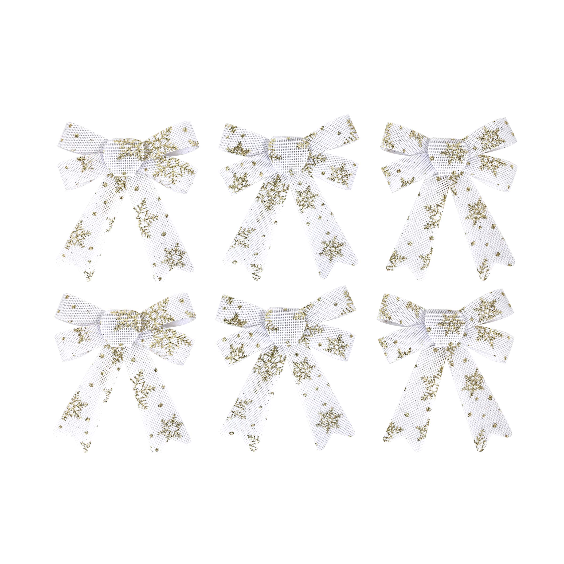 By Robelli Christmas Fabric/Plastic Glitter Bow Decorations - Pre-tied For Tree/Gifts/Table etc (Hessian, Tartan, White Gold) (6 x Small White Gold Snowflake Glitter Bows (12cm))