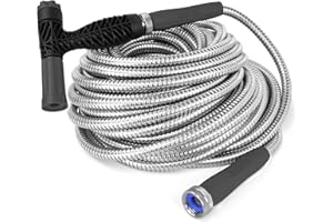 BERNINI FOUNTAINS Bernini 100' Metal Garden Hose Lite Super Flexible Garden Hose, Lightweight No Kink Puncture Resistant 304 Stainless Steel Hose With Adjustable Fireman Spray Nozzle & Patented Power Couplers - Black