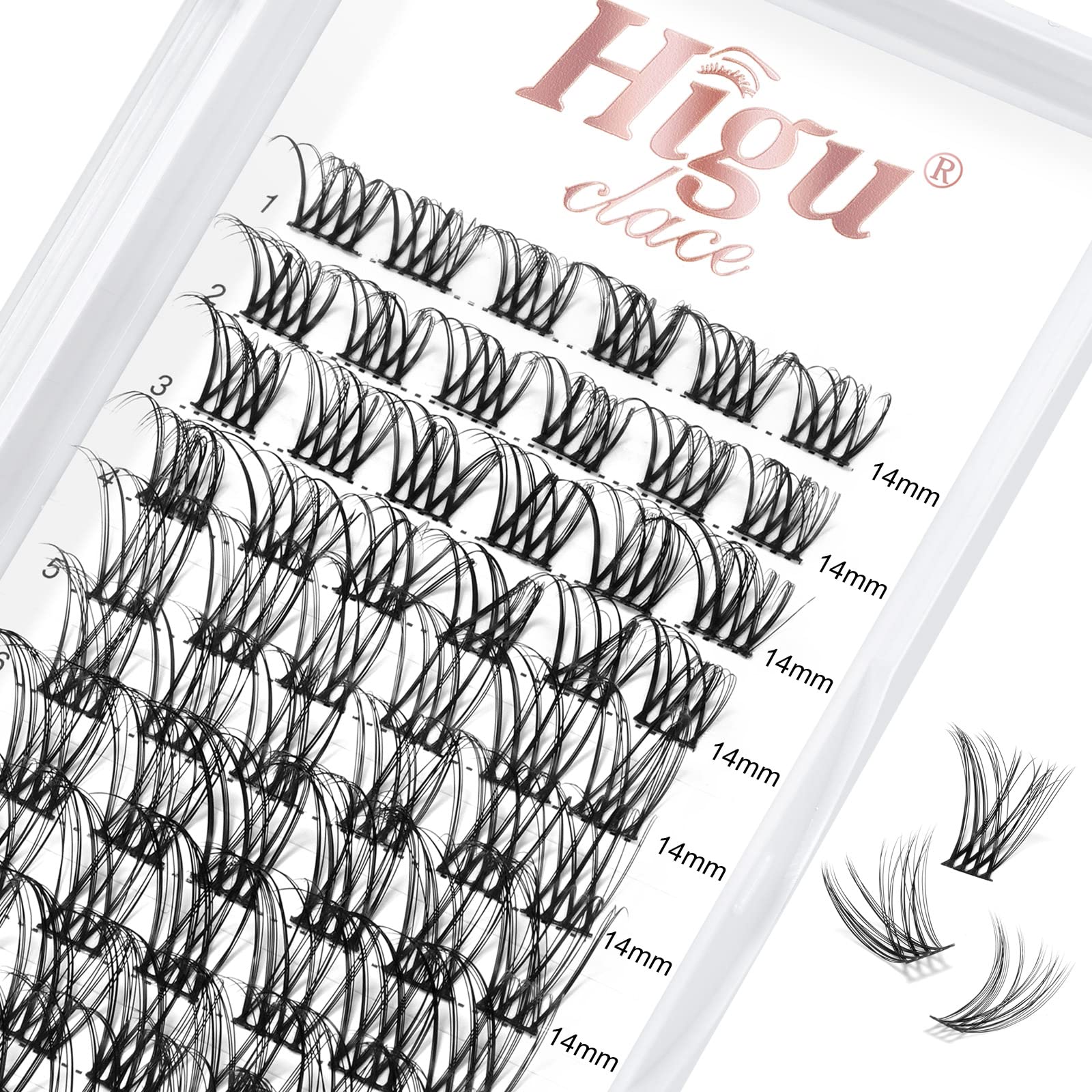 Higu clace Lash Clusters, 72pcs DIY Eyelash Extensions D Curl 14mm Lash Extensions Thin Stem Individual Lashes Cluster Lashes Wispy Reusable Natural for Self-application (H-01 D Curl 14mm)