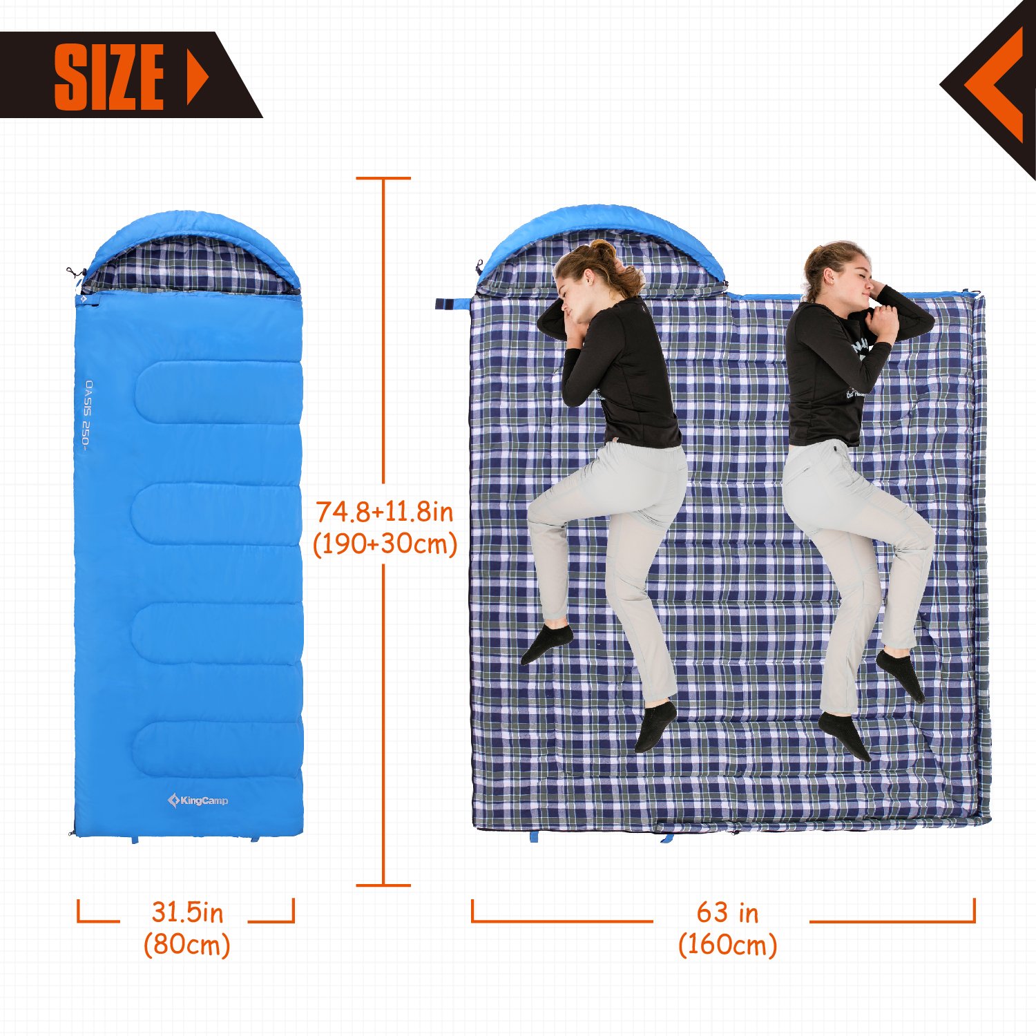 KingCamp Oversize 3-season 24.8F/-4C Adult Sleeping Bag with Compression Sack Blue Right Hand