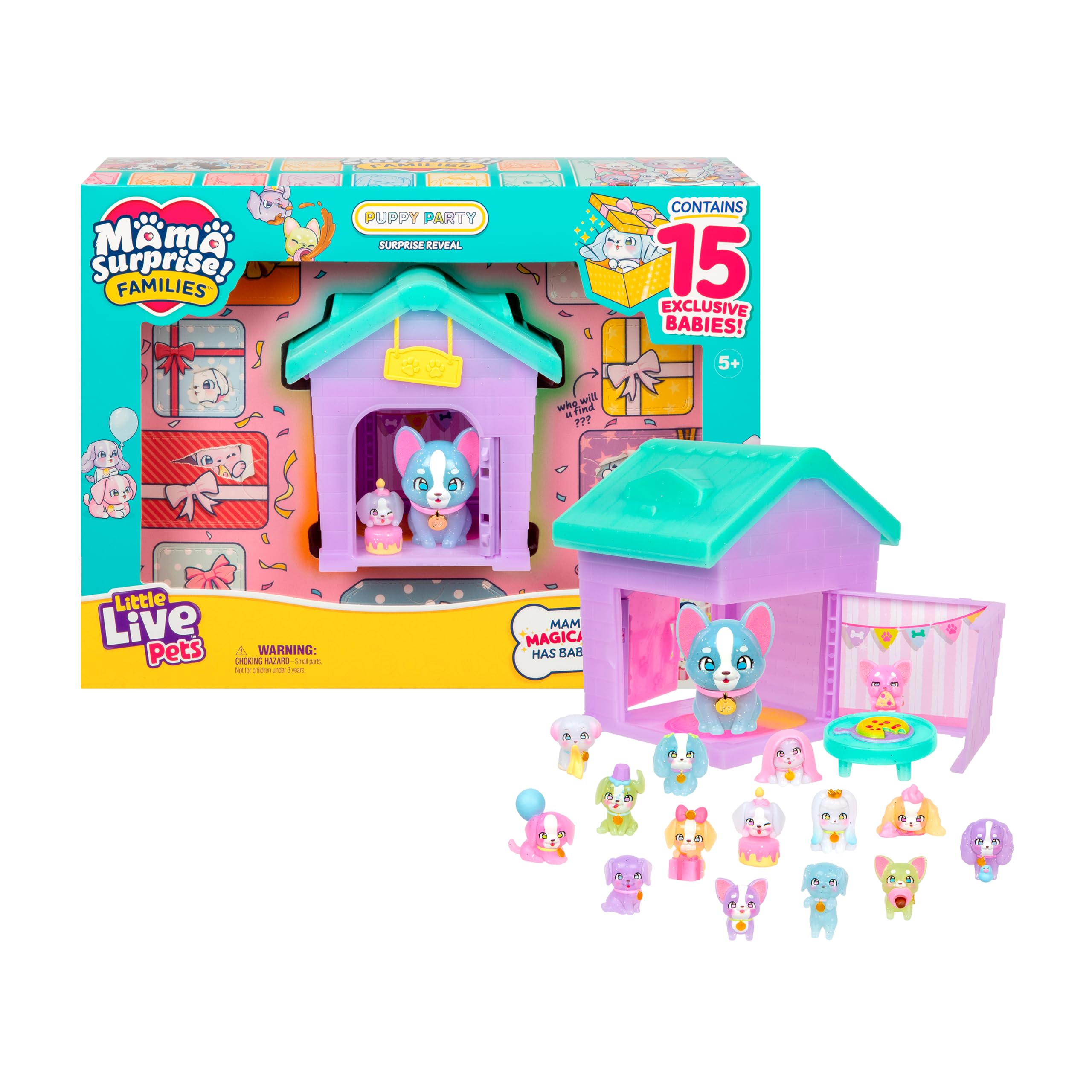 Little Live Pets Puppy House Playset, Mama Surprise Families Puppy Party Pack, 15 Mini Collectible Puppies, Fold-Out Playset, Miniature Toys, Gift for Kids 5+