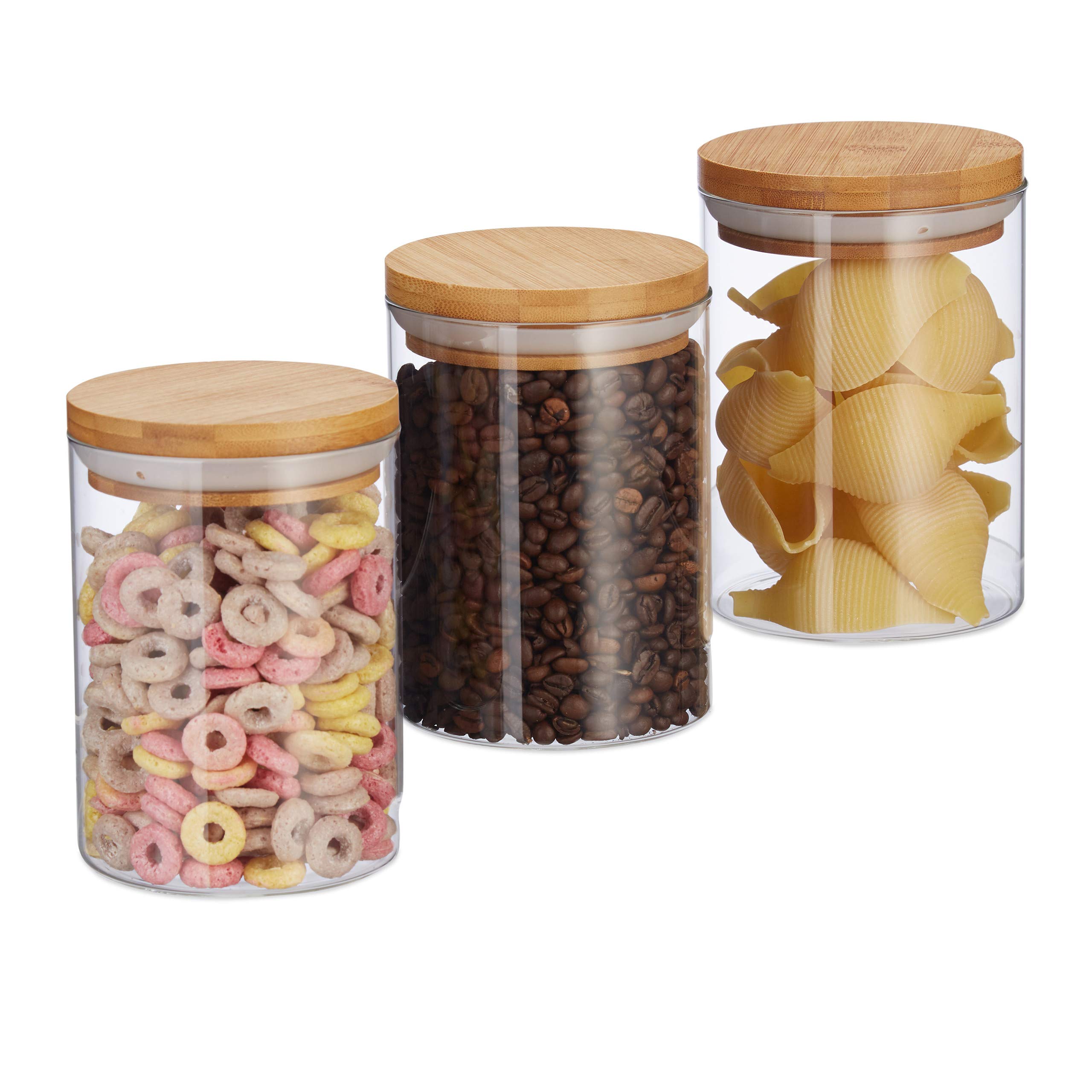 Relaxdays Glass Storage Jars, Set Of 3, Pasta, Coffee, Tea Or Biscuit Jar, 600 ml, HxD 14x9.5 cm, Bamboo, Natural