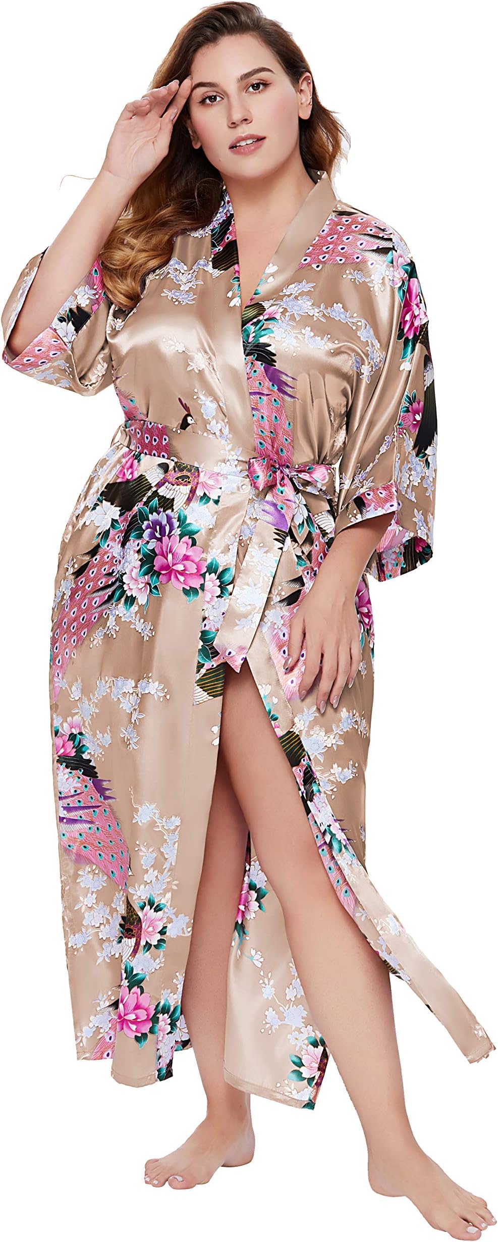 BABEYOND Women's Plus Size Kimono Robe Long Robes with Peacock and Blossoms Printed Plus Size Kimono Outfit