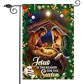 HAONEFECT Jesus is The Reason for The Season Christian Religious Nativity Christmas Flag - Outdoor Yard Double Sided Garden Flag 12x18
