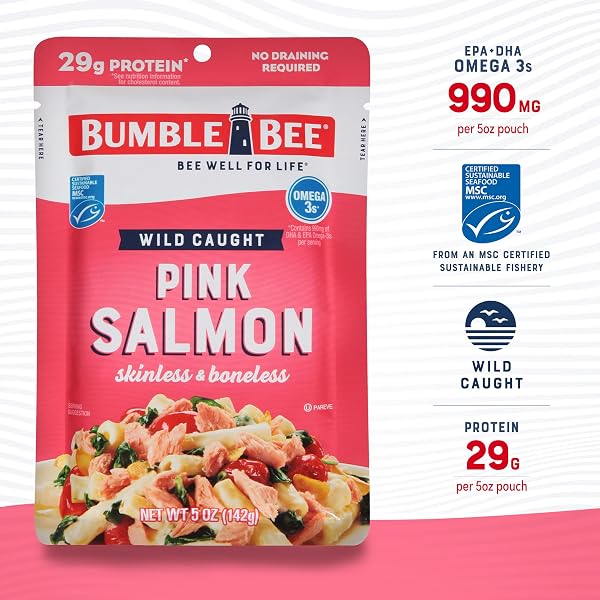 BUMBLE BEE SKINLESS & BONELESS PINK SALMON, 5 OZ POUCH – PREMIUM WILD CAUGHT SALMON FOR SNACKS, SANDWICHES & RECIPES – 29G PROTEIN PER SERVING – GLUTEN FREE, KOSHER, MSC CERTIFIED