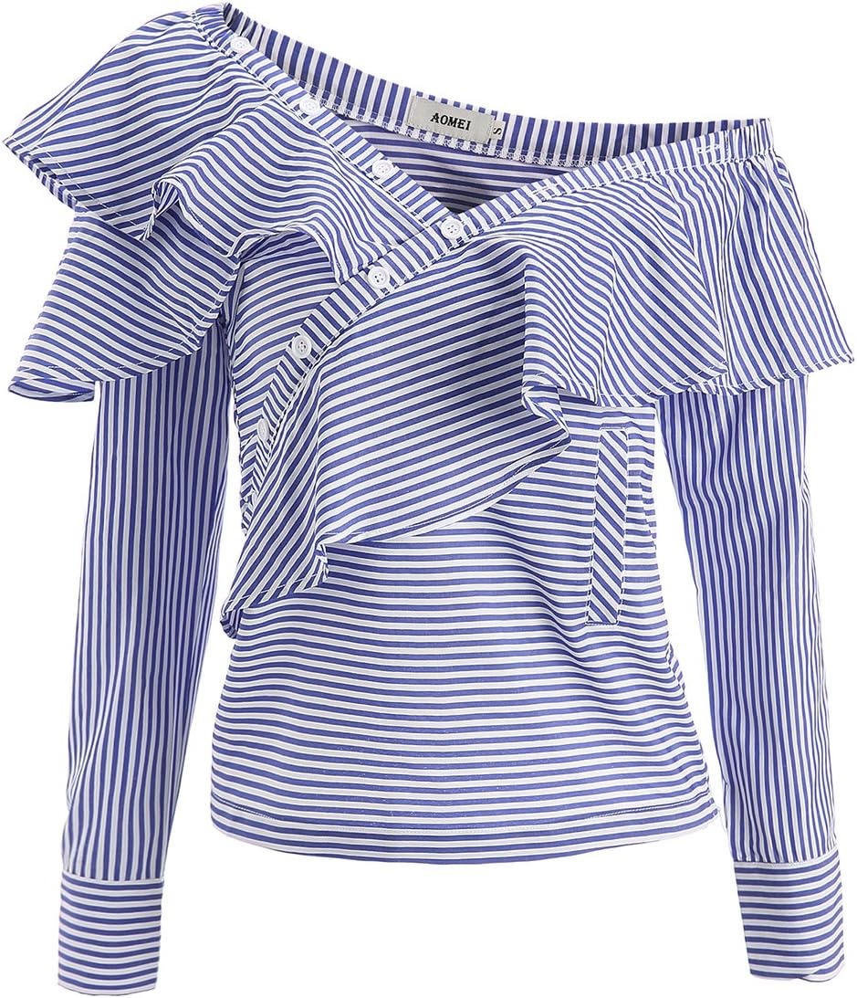 AOMEI Sexy Long Sleeve Ruffle Top Blouses for Women Striped Shirt
