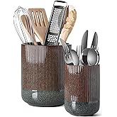 LE TAUCI Utensil Holder, 7.3"+5.4" Ceramic Kitchen Utensil Holder for Countertop, Black Cooking Utensil Crocks for Kitchen Counter, Morden Utensil Organizer for Spatula, Set of 2, Marble Dark Olive