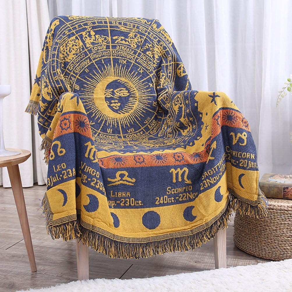 eazyhurry 100% Pure Cotton Horoscope Pattern Woven Throw Blanket Featuring Decorative Fringes Super Soft Sofa Blanket Home Decor for Chair Bed Couch 51" X 71"
