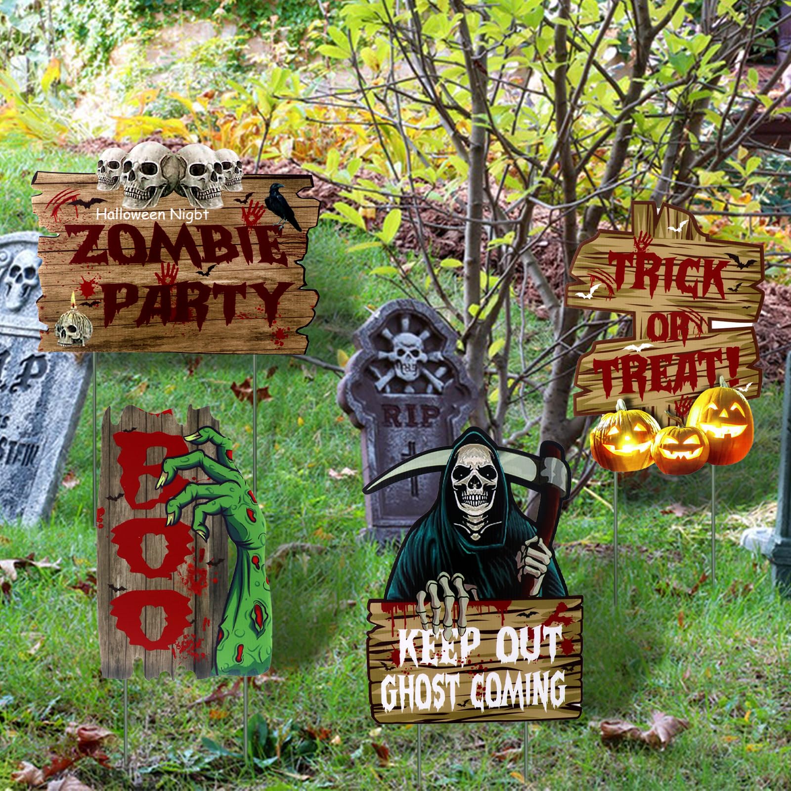 Halloween Yard Signs Decoration, 4Pcs Yard Stake Signs Garden Signs Waterproof Horror Props Trick Or Treat Sign for Outdoor Halloween Decor