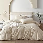 JIYUAN 100% Washed Cotton Duvet Cover Set 3 Pieces Full, 1 Duvet Cover 80x90 Inches(Comforter Not Included) and 2 Pillowcases,Linen Feel Bedding Set Comfy and Breathable,Heathered Beige