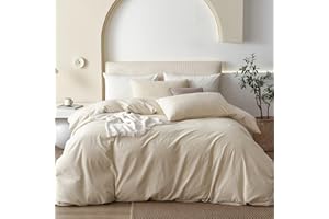 JIYUAN 100% Washed Cotton Duvet Cover Set 3 Pieces Queen, 1 Duvet Cover 90x90 Inches(Comforter Not Included) and 2 Pillowcases,Linen Feel Bedding Set Comfy and Breathable,Heathered Beige