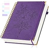 A5 Journaling Notebooks, Hardcover Spiral Notebook, Leather Journal Notebook for Women Girls, College Ruled Notebook with Numbered Page, Pocket & Tab, Small Organizer Notebook for Work School, Purple