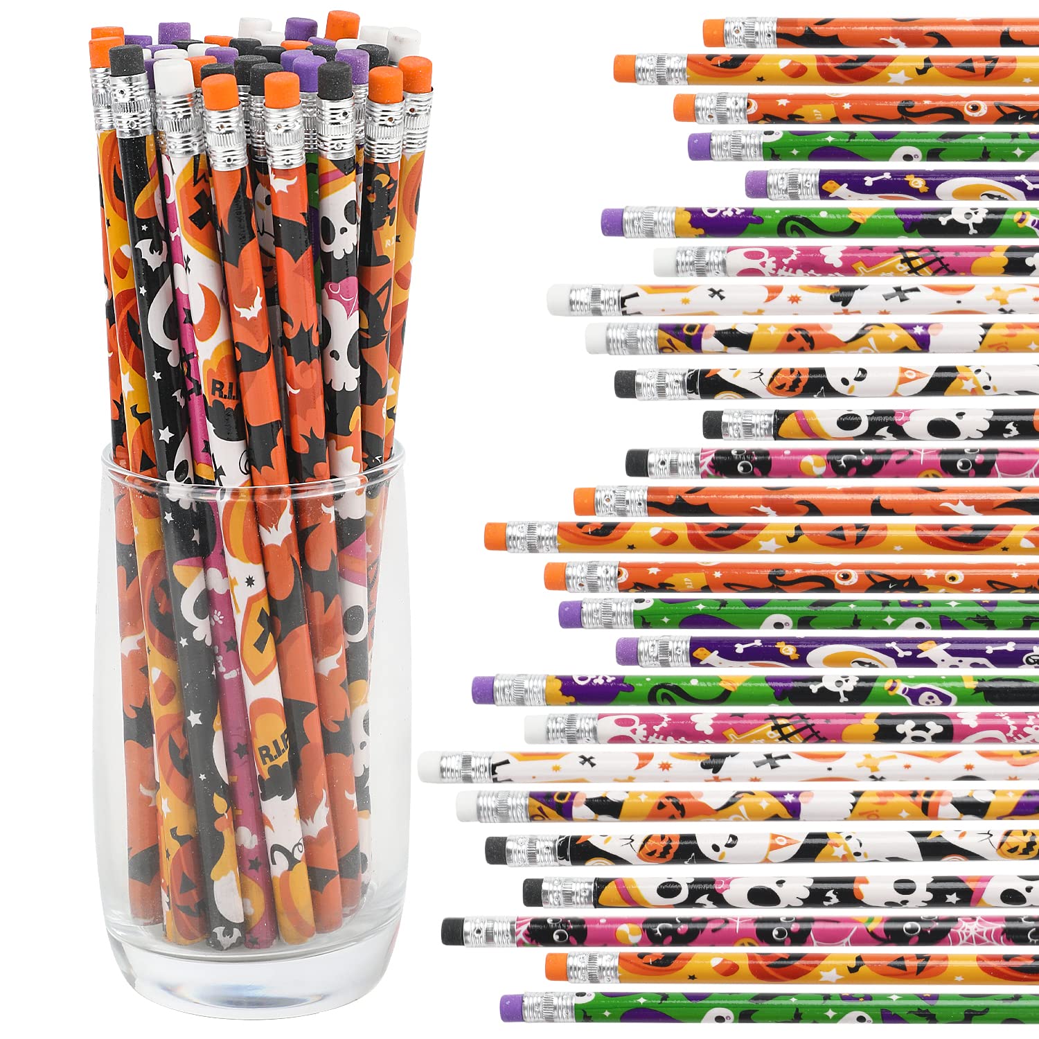 VEYLIN Halloween Pencils, 36 Halloween Wooden HB Pencils with Eraser, Assorted Stationery Pencil for Halloween Party and Home
