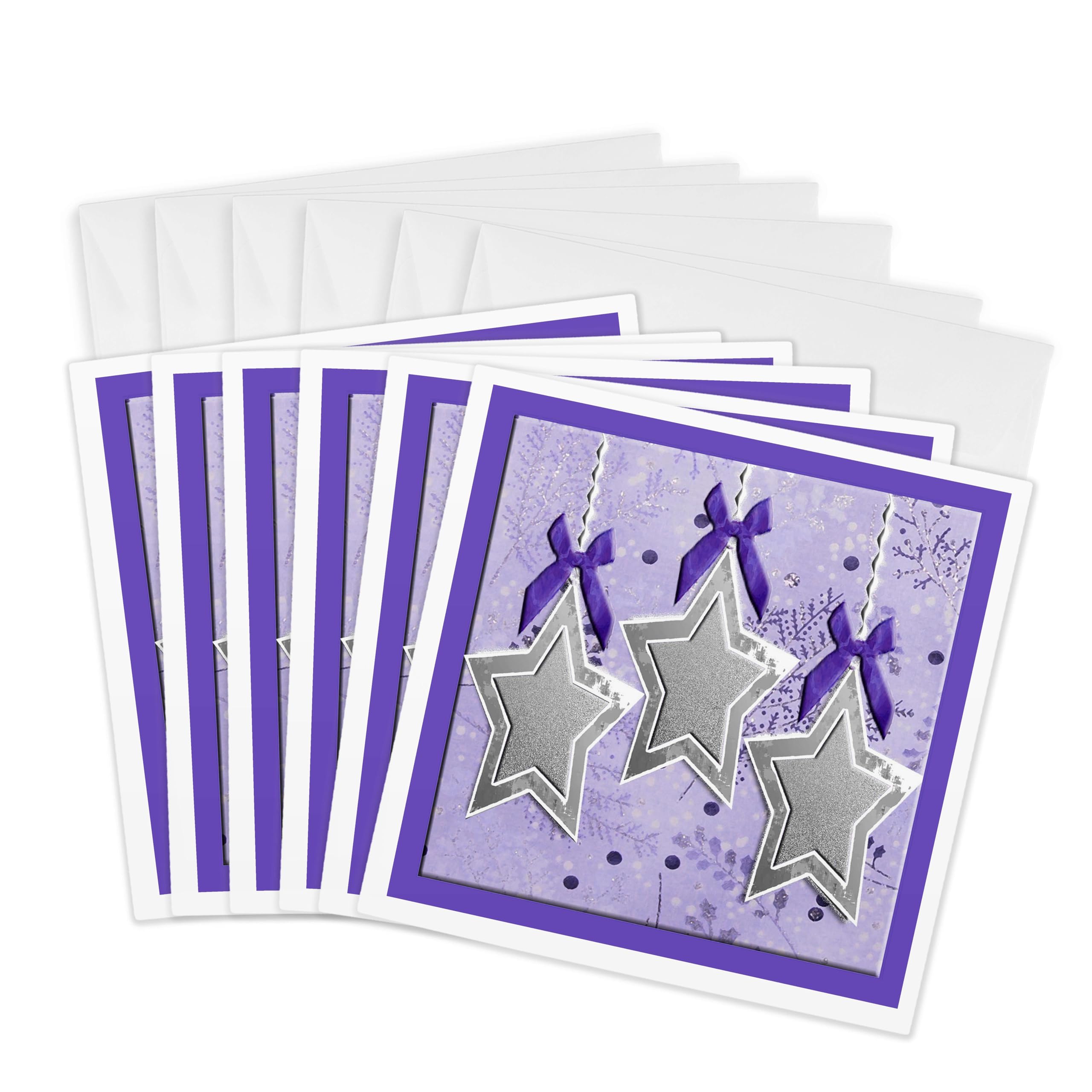 3dRose gc_30938_1 6 x 6-Inch "Silver Stars with Bows Purple" Greeting Card (Pack of 6)