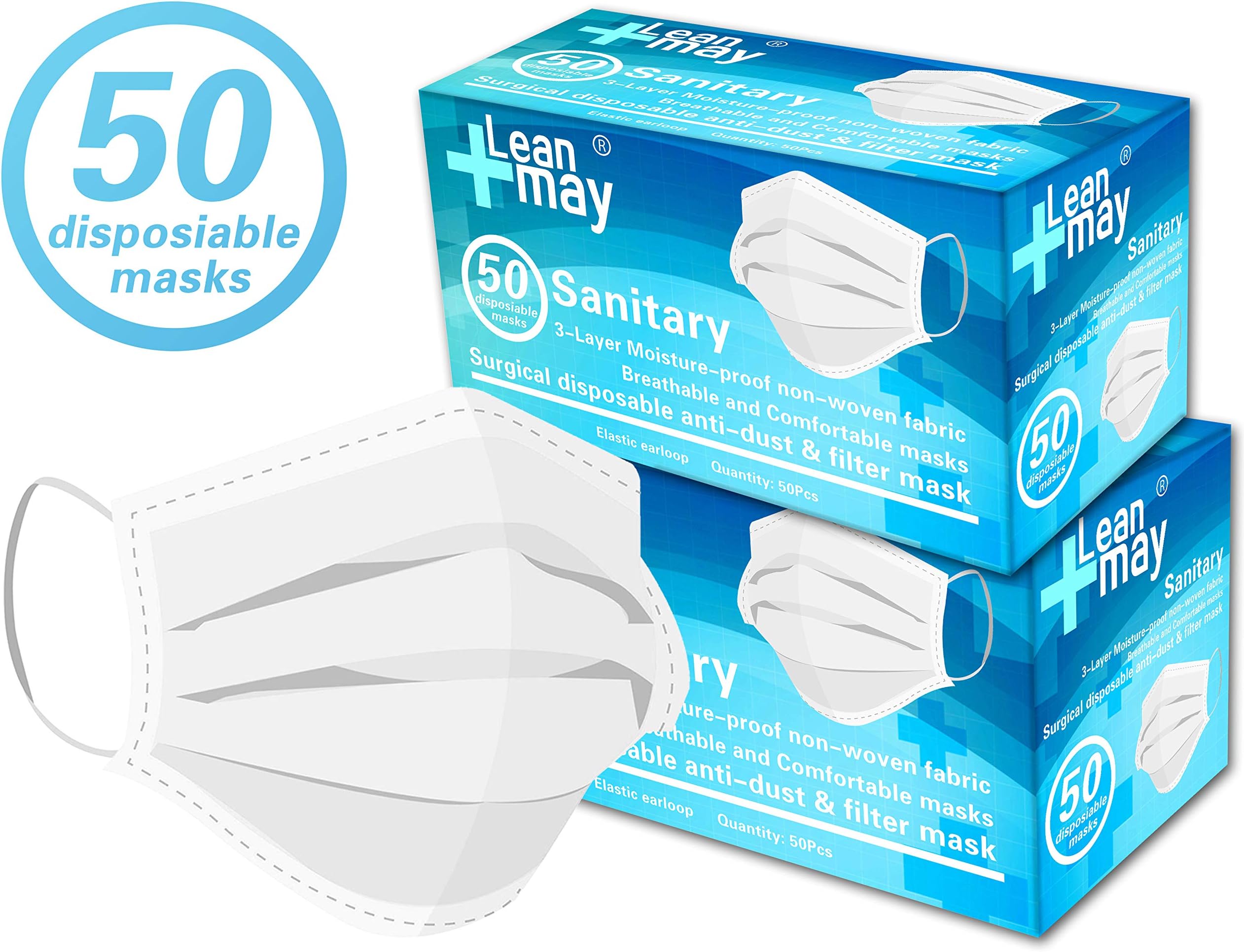 50Pcs Disposable Face Masks Elastic Earloop 3-Layer Filter Comfortable Medical Sanitary Surgical Mask Anti-Dust for Germ Protection Breathable Mouth Cover Mouth Masks