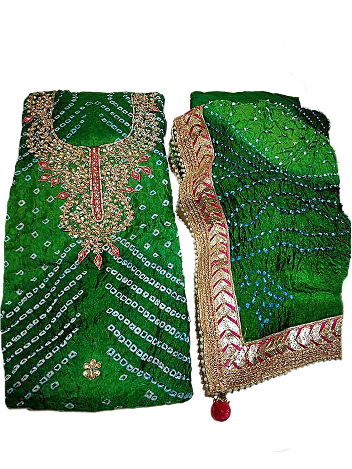 jaipuri rajasthani suit art silk bandhej with gota patti work