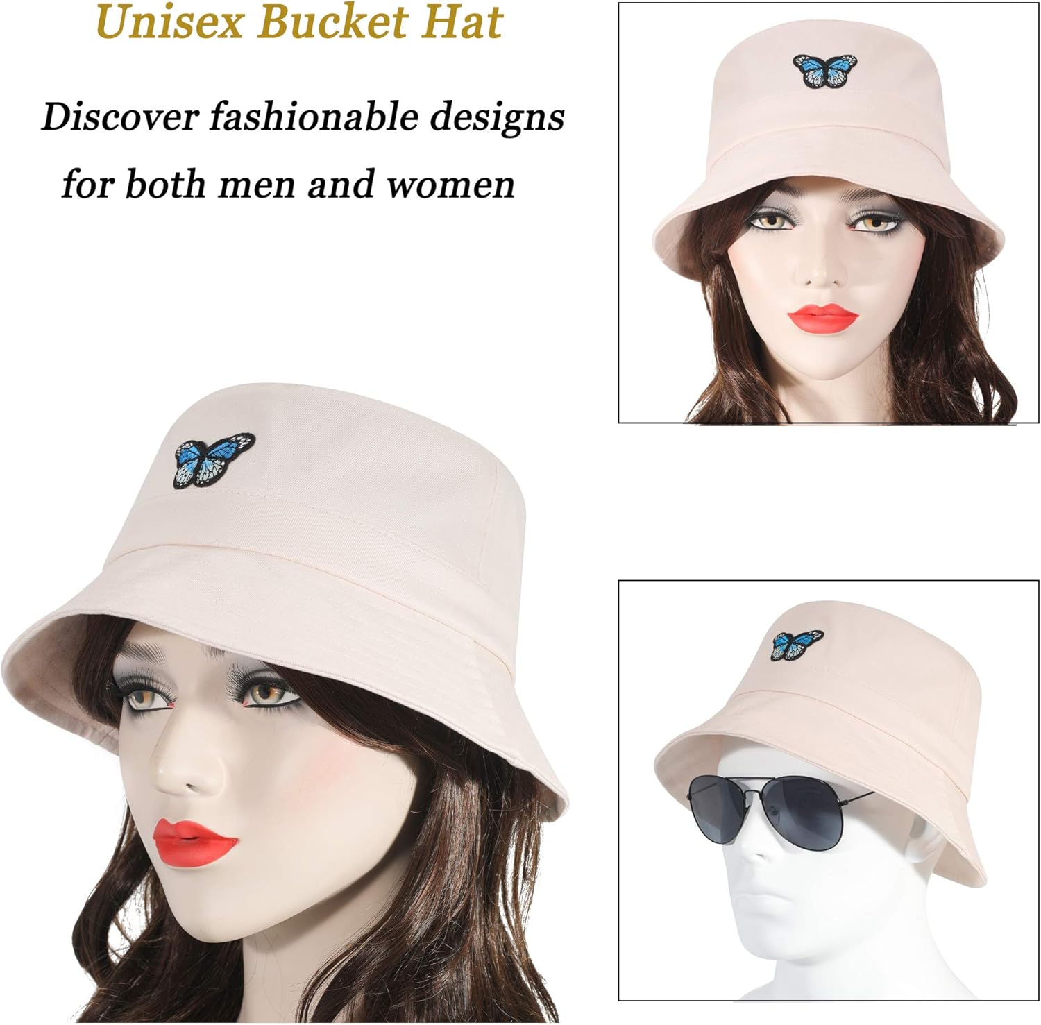 ZLYC Unisex Fashion Embroidered Bucket Hat Summer Fisherman Cap for Men Women Teens (Butterfly Beige) at  Women’s Clothing store